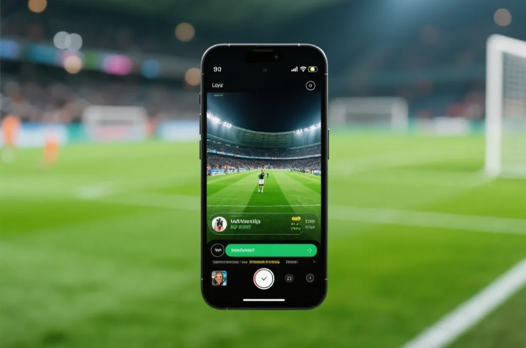 A modern smartphone showing a live soccer match broadcast interface on screen, vibrant green field